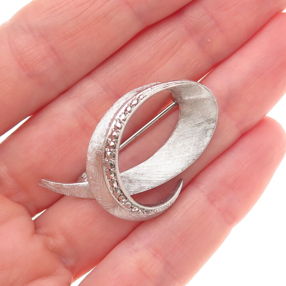 800 Silver Antique Art Deco Real Marcasite Twisted Ribbon Pin Brooch